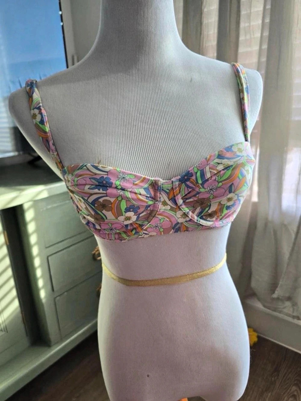 For Love & Lemons Devon Underwire Bikini Top Pink & Green Small